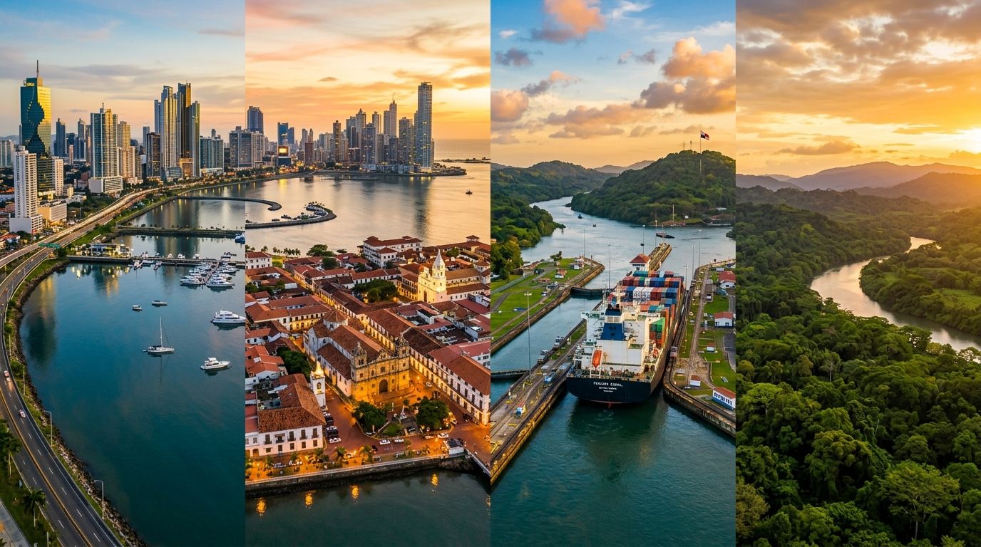 Panorámica Icónica de Panamá: Ciudad Moderna, Casco Viejo, Canal y Naturaleza